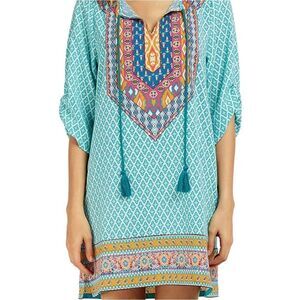 Bohemian Neck Tie Vintage Printed Ethnic Style Shift Dresses Size Large NWOT